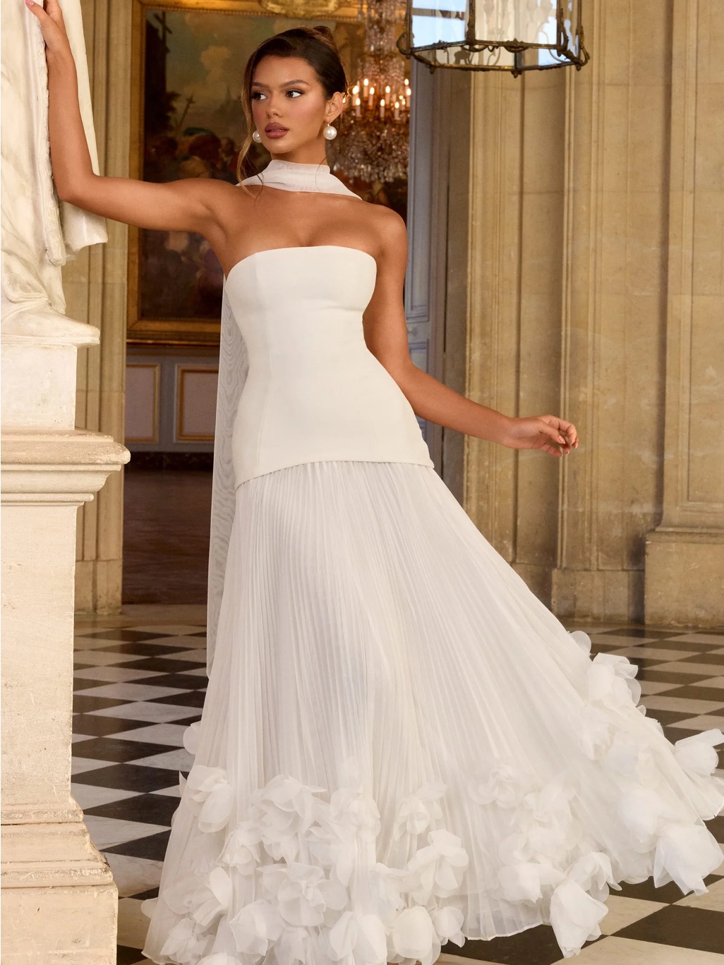 New Strapless White Pleated Maxi Dress With Floral Ruffle Hem